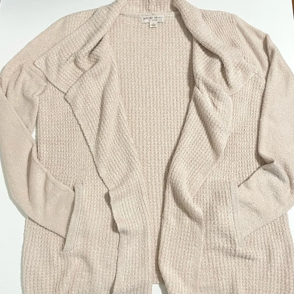 Barefoot Dreams CozyChic Lite Coastal Cardi Draped Open Front Sweater Bisque L